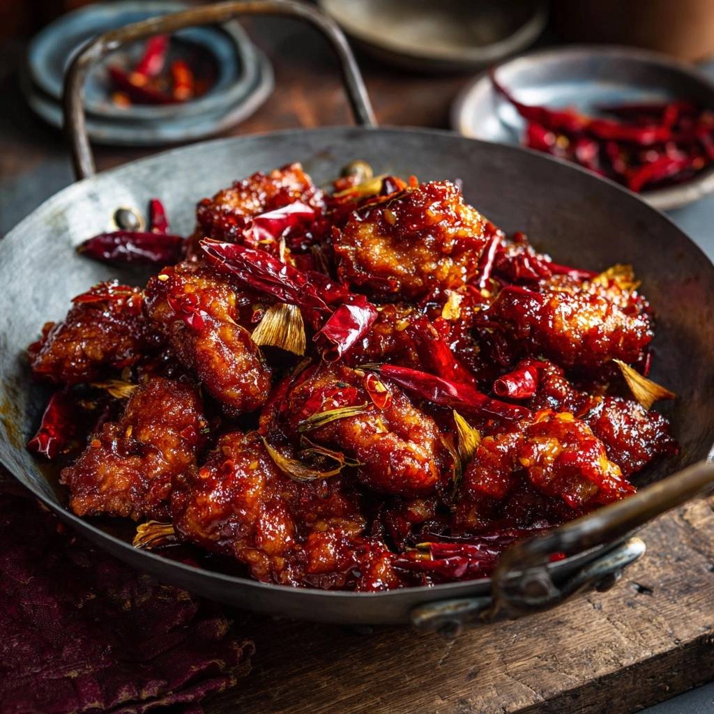 Knuspriges Chilihuhn aus dem Wok, serviert in einer metallischen Schale mit getrockneten Chilis und glänzender Sauce.