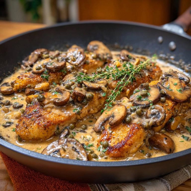 Knuspriges Hähnchen mit Champignon-Kapern-Soße in der Pfanne serviert, garniert mit frischem Thymian und Pilzen.