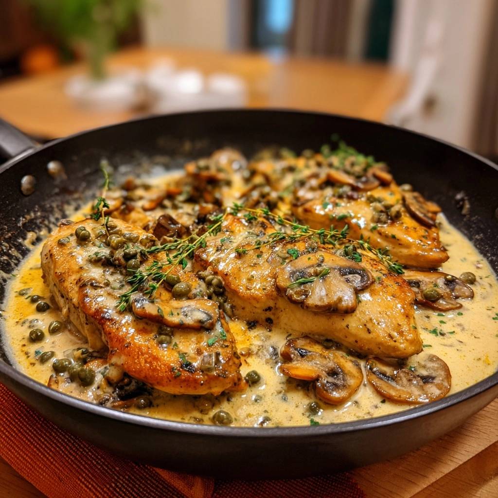 Knuspriges Hähnchen mit Champignon-Kapern-Soße, in einer Pfanne mit cremiger Soße, Pilzen und Kapern serviert.