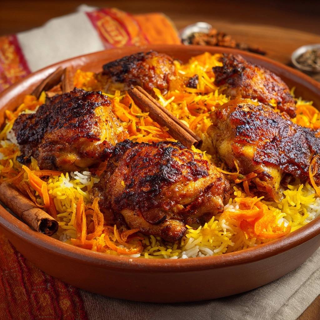 Knuspriges Hähnchen auf Safran-Vermicelli, Nahaufnahme mit Zimtstangen und karamellisierten Karottenstreifen.