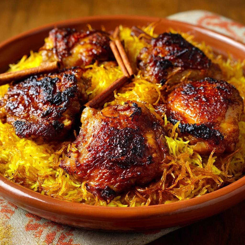 Knuspriges Hähnchen auf Safran-Vermicelli, Nahaufnahme mit Zimtstangen dekoriert, zeigt die Textur des Gerichts.