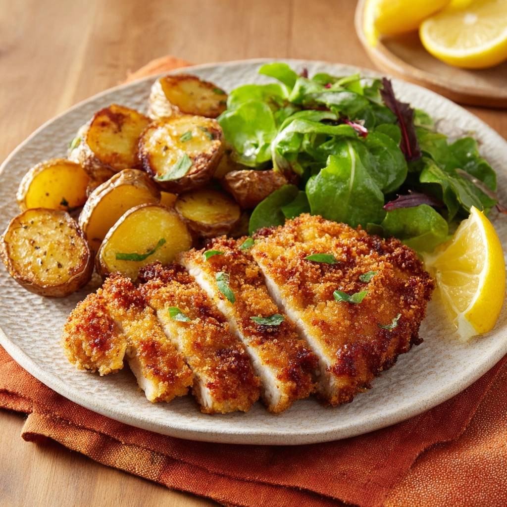 Knuspriges paniertes Hähnchen mit Babykartoffeln und Rucola, angeschnitten auf einem Teller mit Zitronenspalte.