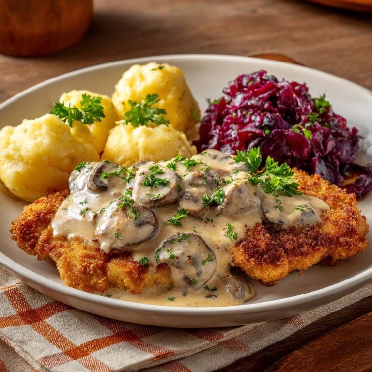 Knuspriges Schnitzel mit Pilzrahmsauce, Kartoffeln und Rotkohl, serviert auf einem Teller mit Petersilie garniert.