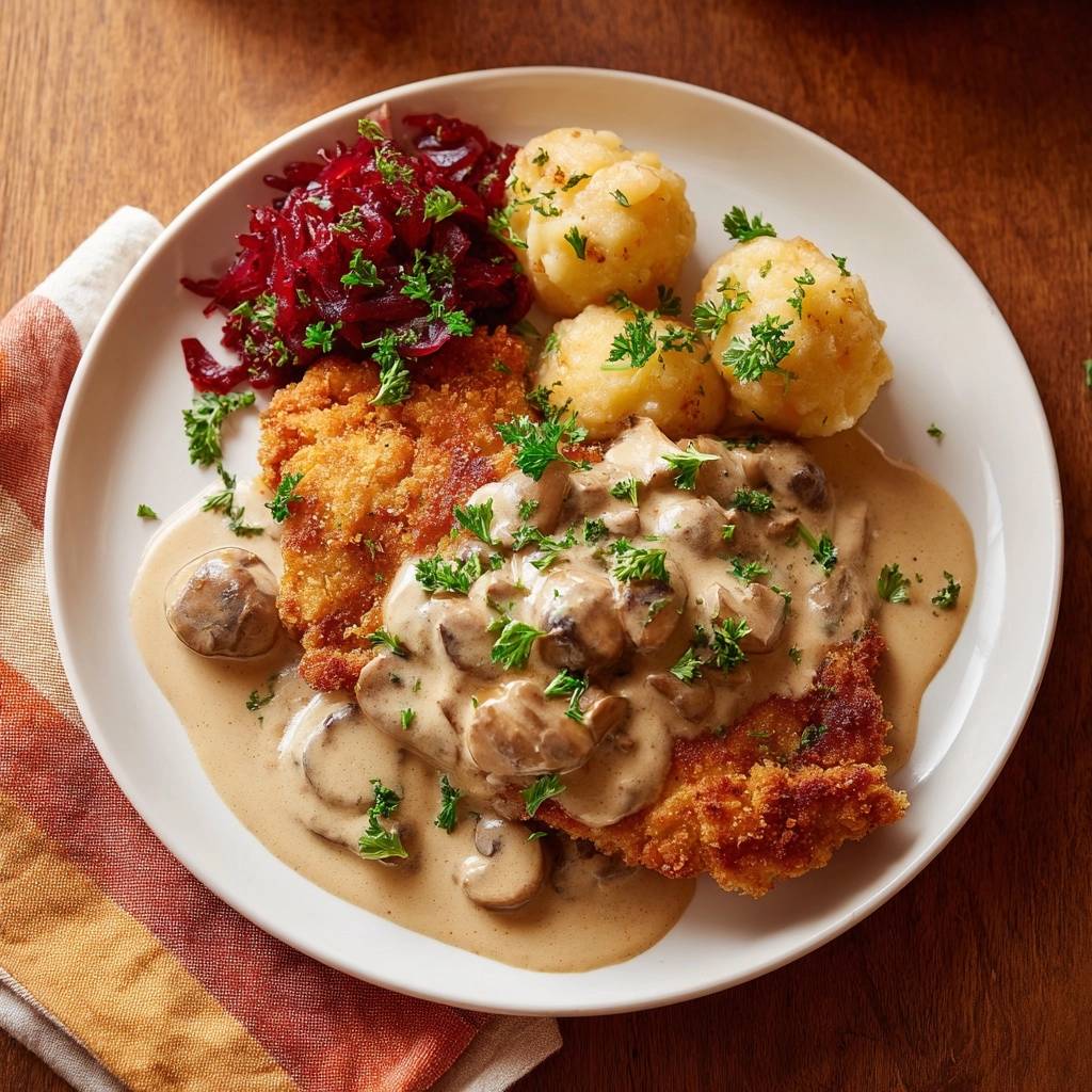 Knuspriges Schnitzel mit Pilzrahmsauce, Kartoffeln und Rotkohl auf einem Teller serviert mit Pilzen und Petersilie garniert.