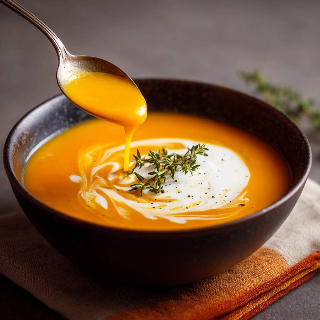 Cremige Kürbissuppe mit Thymian, garniert mit frischem Thymian und einem Swirl aus Sahne, wird aus einem Löffel serviert.