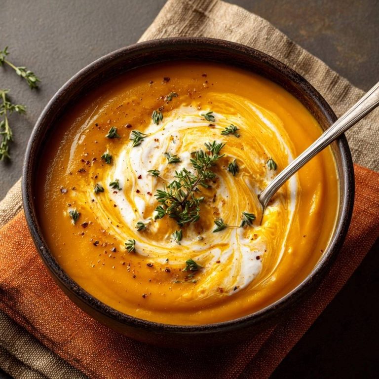Cremige Kürbissuppe mit Thymian, garniert mit einem Swirl aus Sahne und frischen Thymianzweigen.