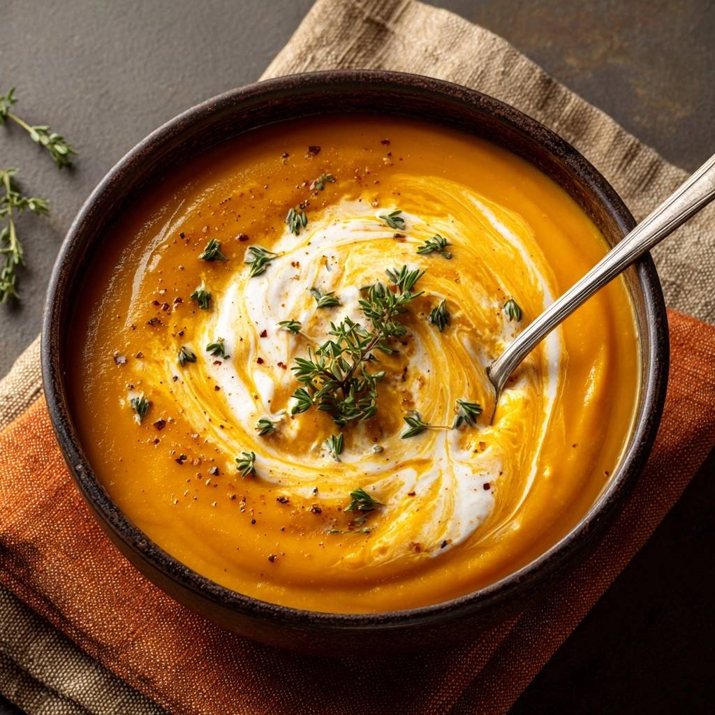 Cremige Kürbissuppe mit Thymian, garniert mit einem Swirl aus Sahne und frischen Thymianzweigen.