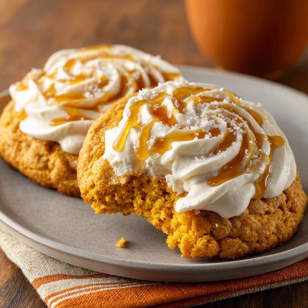 Saftige Kürbiskekse mit Karamell-Sahne-Frosting, ein Keks ist angeschnitten und zeigt das Innere.