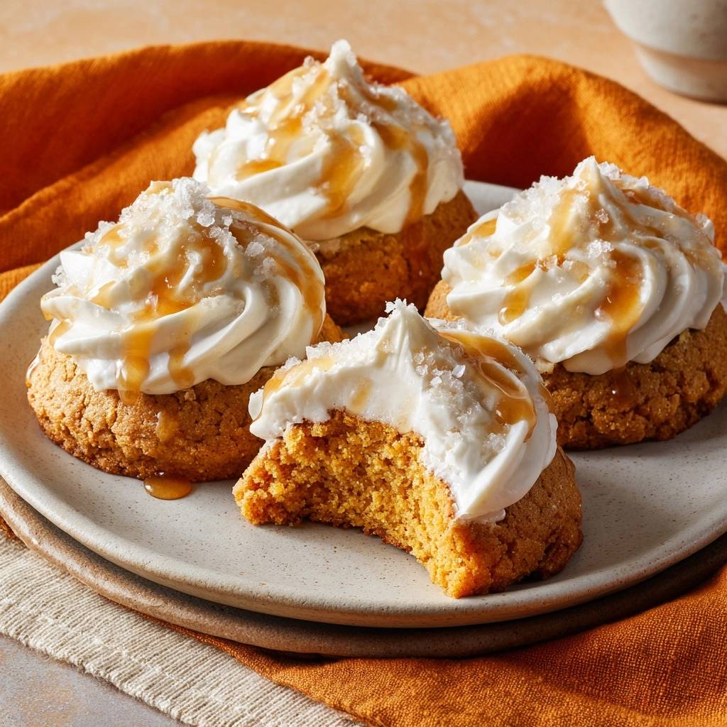 Saftige Kürbiskekse mit Karamell-Sahne-Frosting, ein Keks angeschnitten zeigt die saftige Innenseite und das cremige Topping.