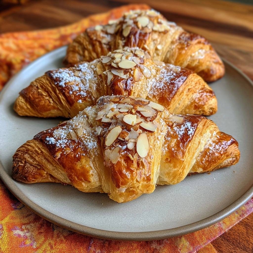 Mandel-Croissants garniert mit gerösteten Mandelsplittern und Puderzucker auf einem Teller serviert