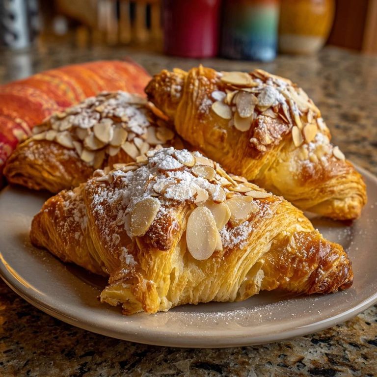 Mandel-Croissants mit knusprigen Schichten, garniert mit Mandelblättchen und Puderzucker auf einem Teller
