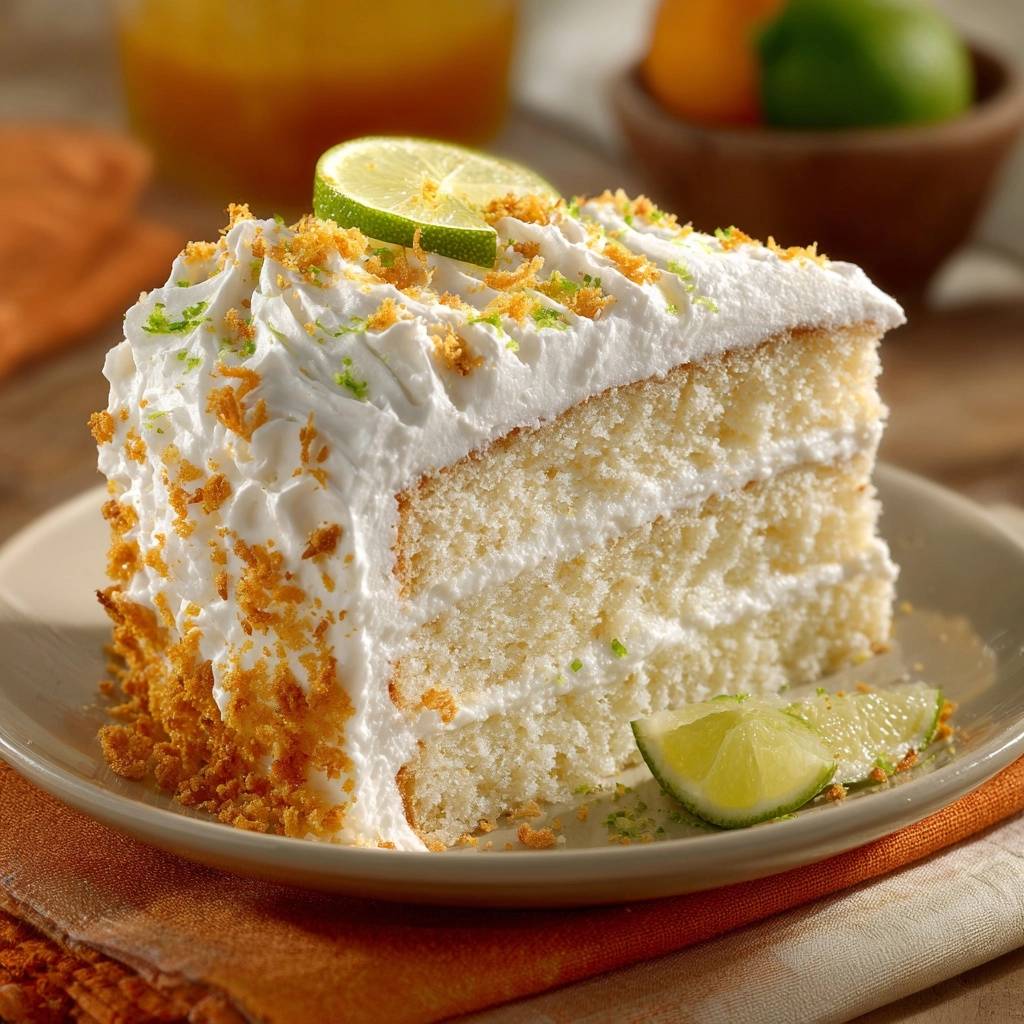 Mango-Kokos-Limetten-Kuchen angeschnitten auf einem Teller, mit Kokosraspeln und Limettenscheiben garniert