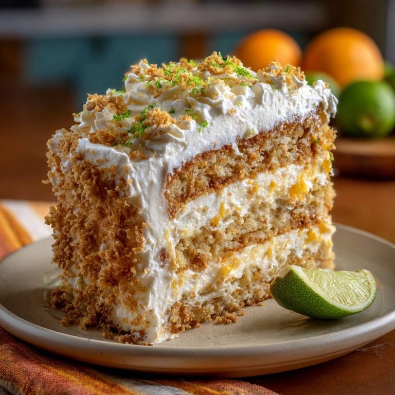 Mango-Kokos-Limetten-Kuchen als angeschnittenes Stück auf einem Teller mit Limettenspalte und Kokosraspeln garniert