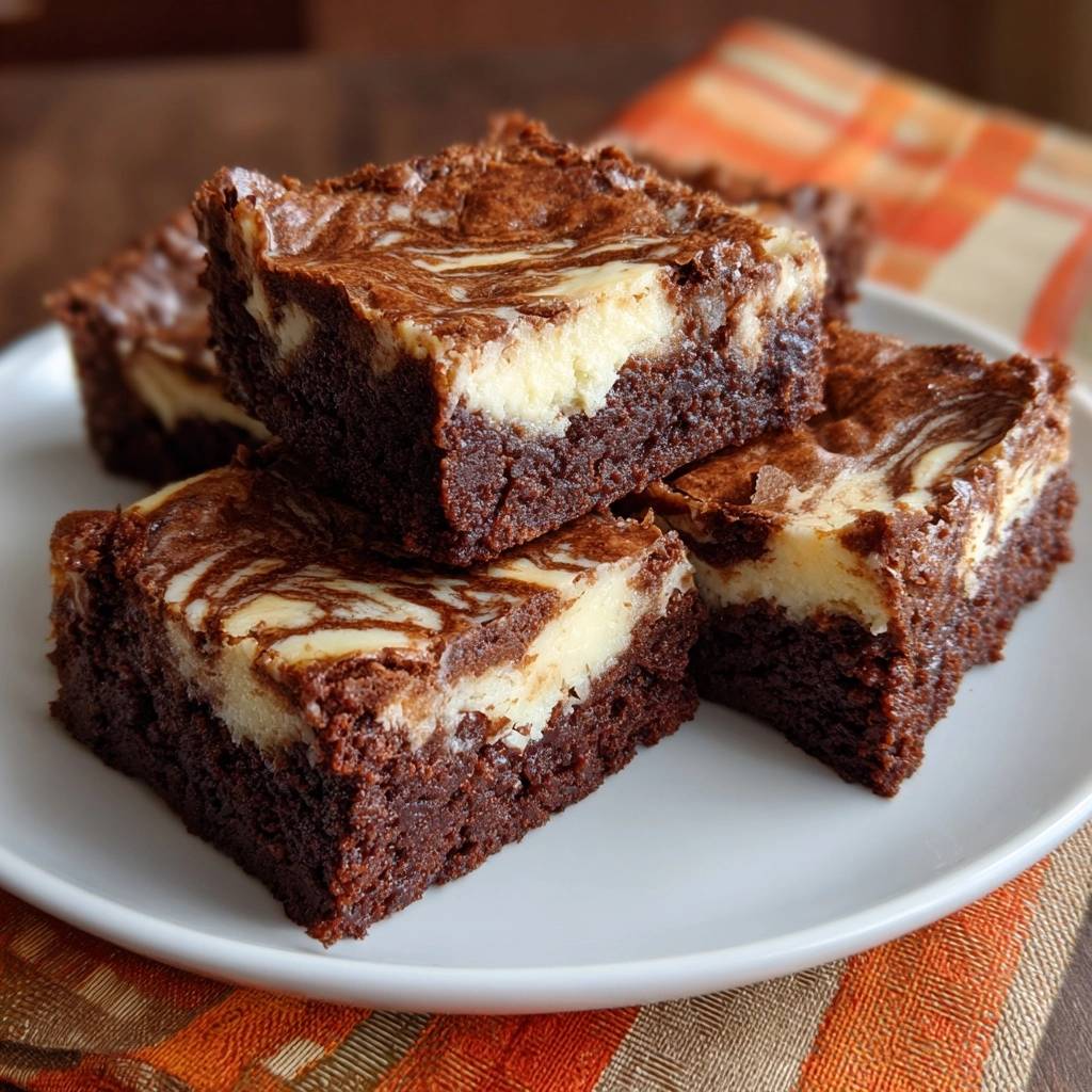 Marmorierte Schoko-Cheesecake-Brownies auf einem weißen Teller, nahaufnahme des gebackenen Desserts mit cremiger Textur.