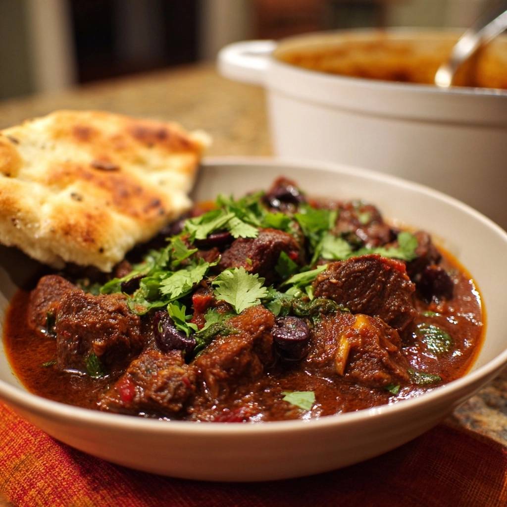 Marokkanisches Rindfleischragout mit Oliven, serviert in einer Schüssel mit Fladenbrot und frischer Petersilie.