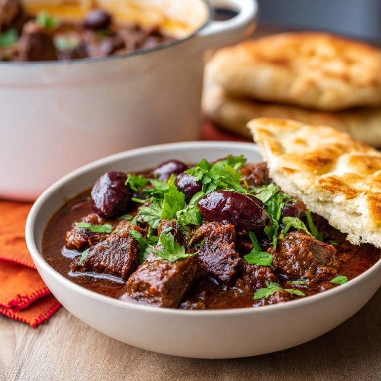 Marokkanisches Rindfleischragout mit Oliven, serviert in einer Schüssel mit frischer Petersilie und Fladenbrot.