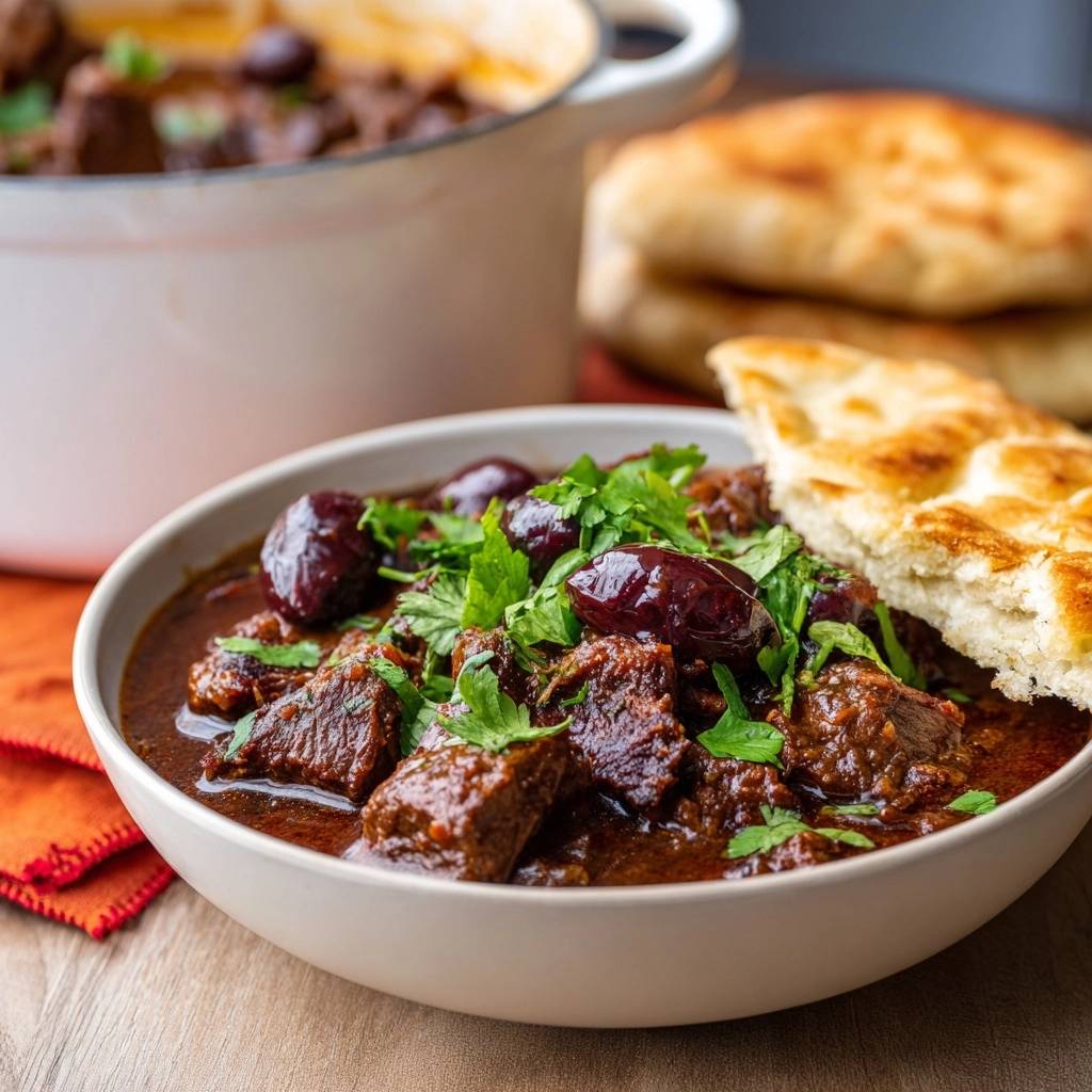 Marokkanisches Rindfleischragout mit Oliven, serviert in einer Schüssel mit frischer Petersilie und Fladenbrot.