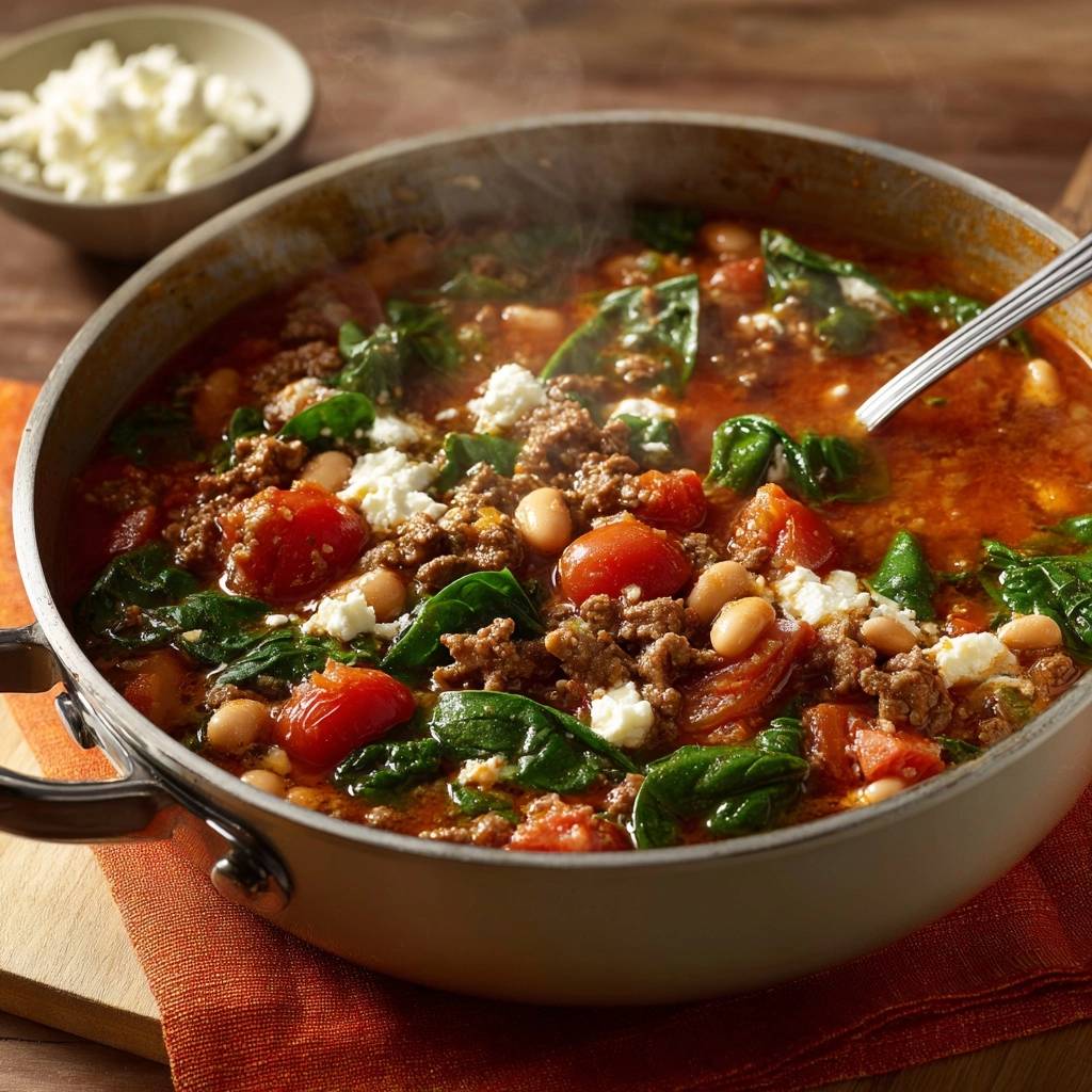 Mediterraner Hack-Spinat-Eintopf mit Bohnen und Feta, nahaufnahme mit Dampf und Feta-Stückchen