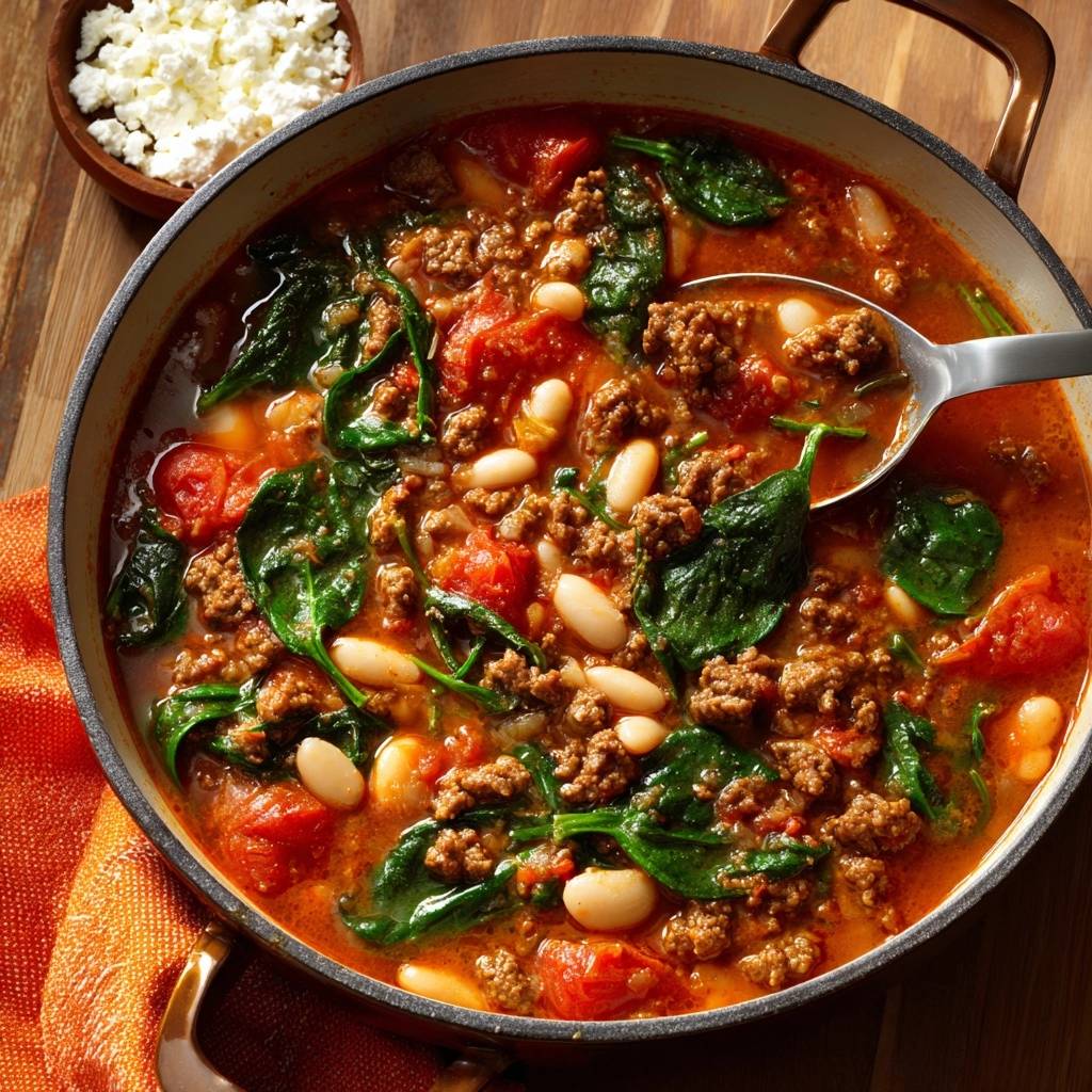 Mediterraner Hack-Spinat-Eintopf mit Bohnen und Feta, serviert mit einem Löffel und einer Schüssel Feta daneben.