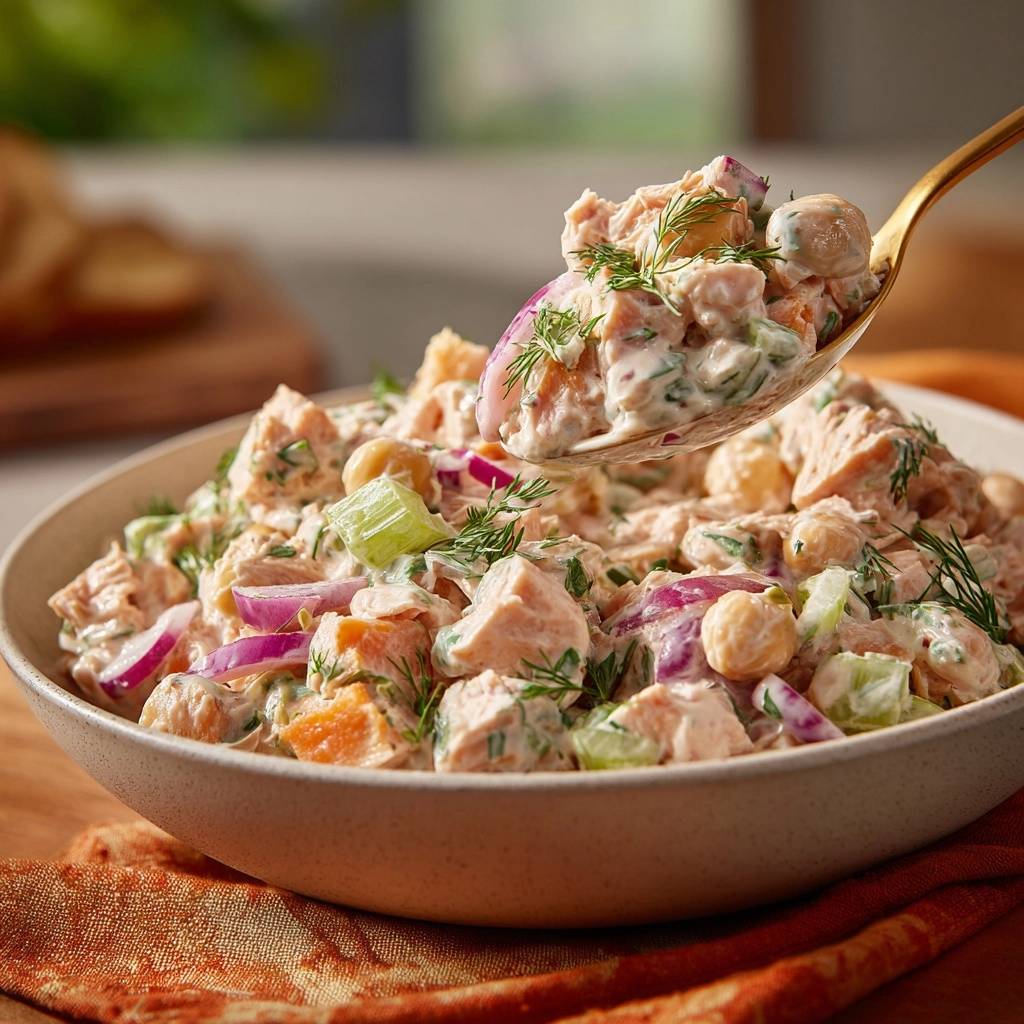 Mediterraner Thunfisch-Kichererbsen-Salat mit einem Löffel voll serviert, detaillierte Nahaufnahme der Zutaten.