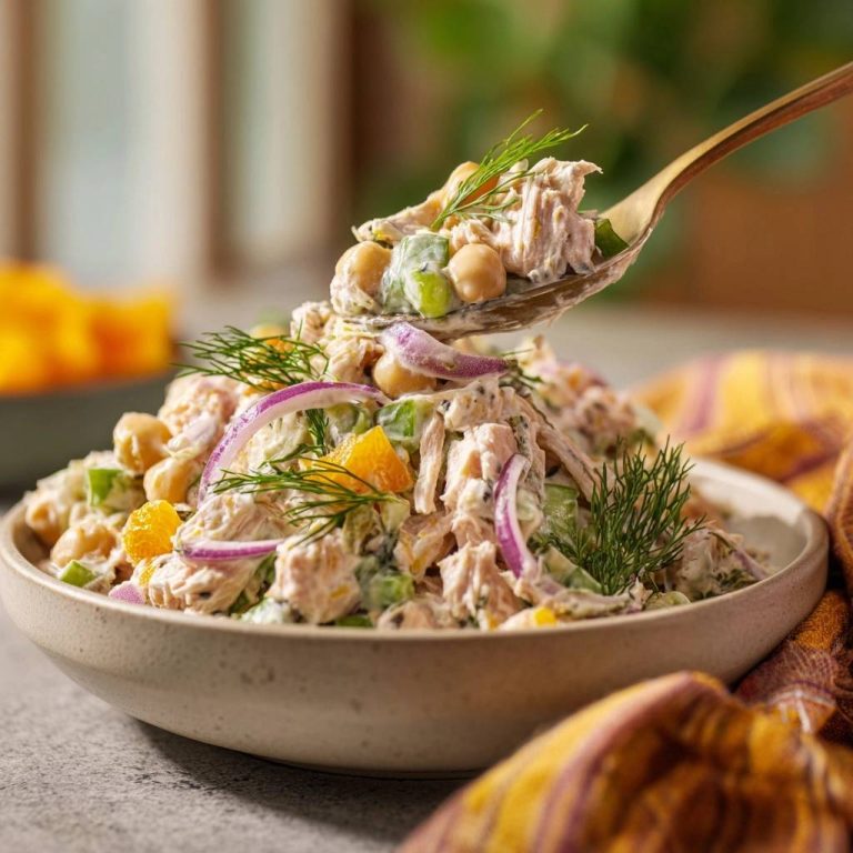 Mediterraner Thunfisch-Kichererbsen-Salat mit Dill und Orange, nahaufnahme mit einem Löffel voll Salat