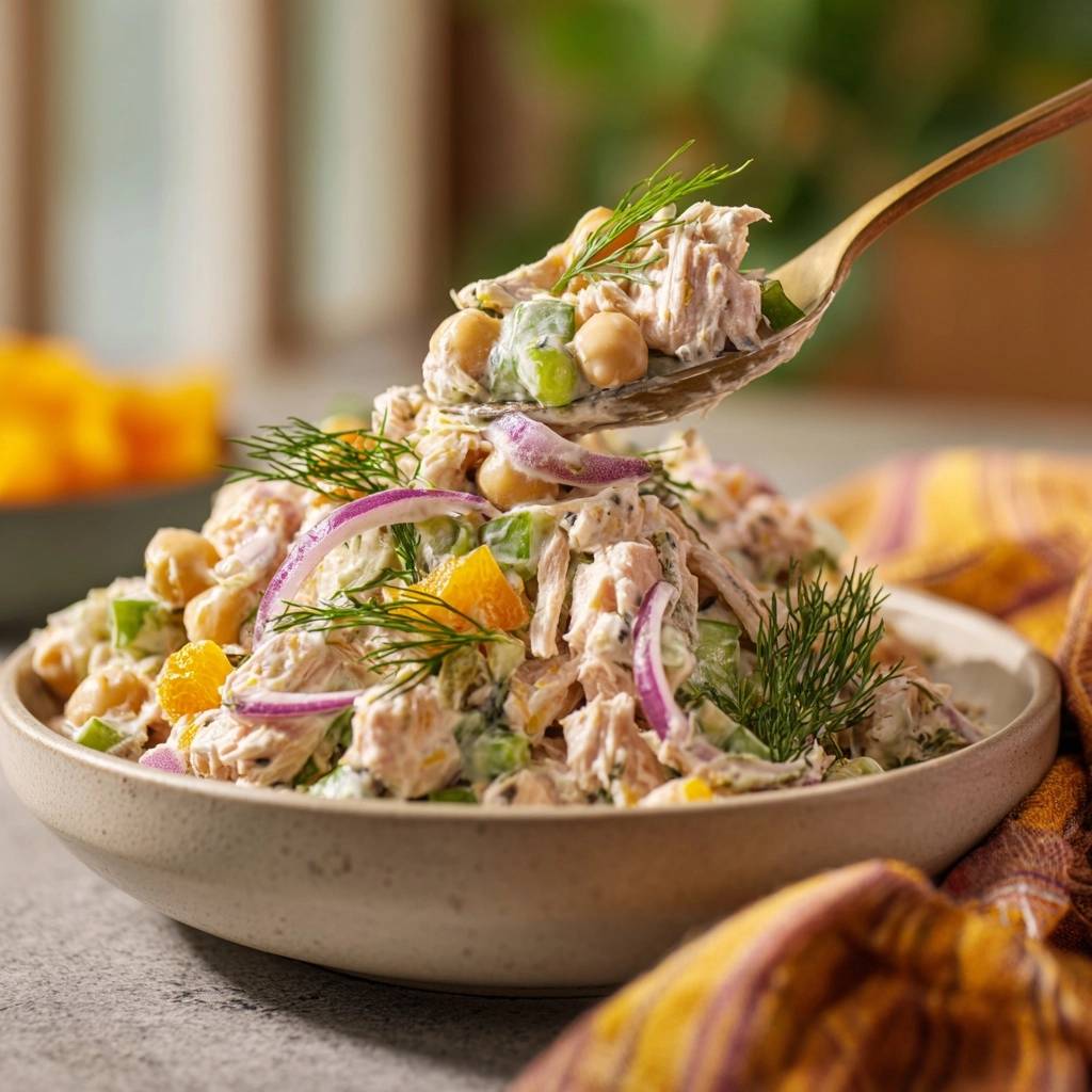 Mediterraner Thunfisch-Kichererbsen-Salat mit Dill und Orange, nahaufnahme mit einem Löffel voll Salat