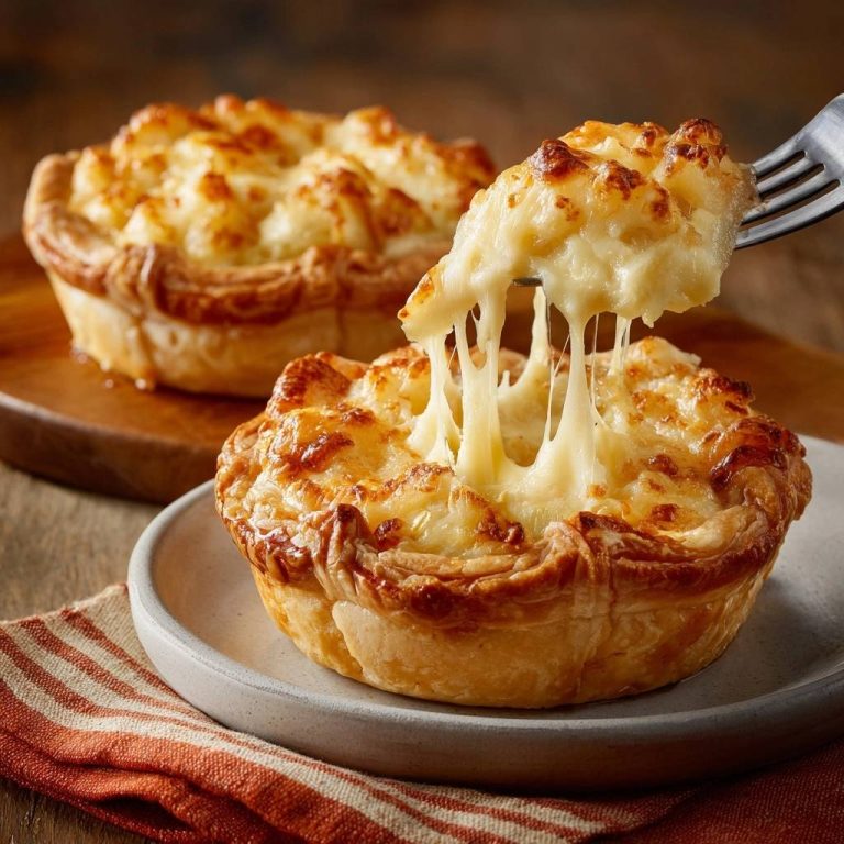 Knusprige Mini-Käse-Kartoffel-Gratins mit geschmolzenem Käse, der von einer Gabel gezogen wird.