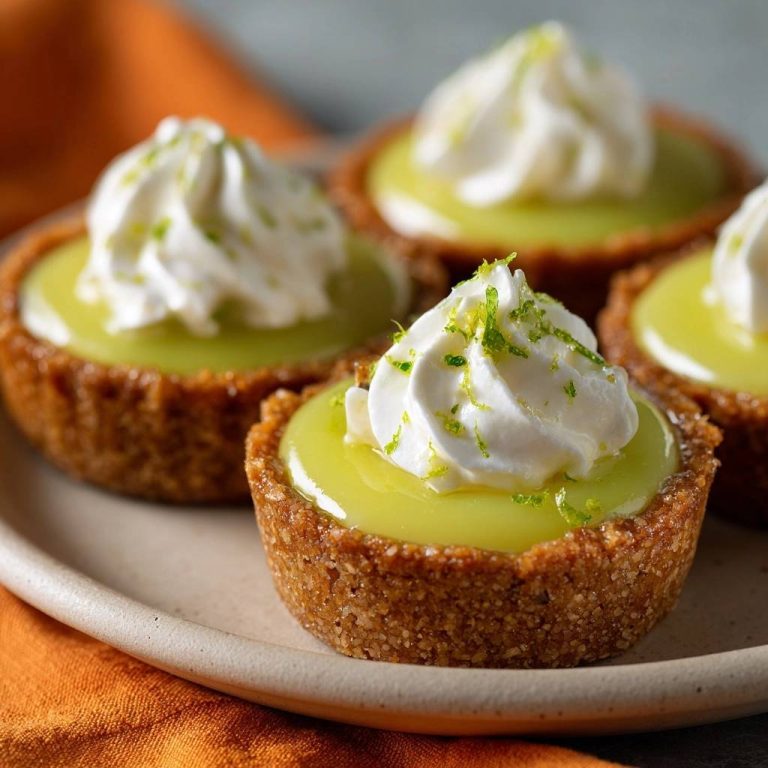 Mini Limetten-Törtchen mit Sahnetupfer und Limettenabrieb auf einem Teller, nahaufnahme
