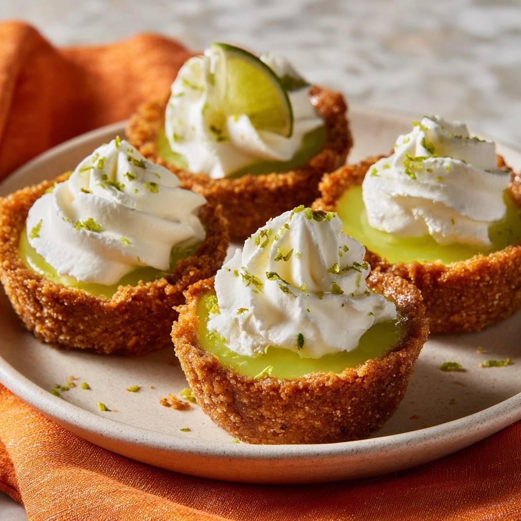 Mini Limetten-Törtchen garniert mit Sahne und Limettenabrieb, auf einem Teller serviert