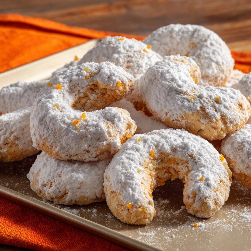 Mürbe Orange-Kipferl mit Puderzucker bestäubt und mit feinen Orangenzesten garniert, Nahaufnahme des Gebäcks.