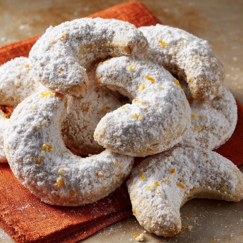 Mürbe Orange-Kipferl mit Puderzucker bestäubt und Orangenschale garniert, nahaufnahme auf einem orangen Tuch
