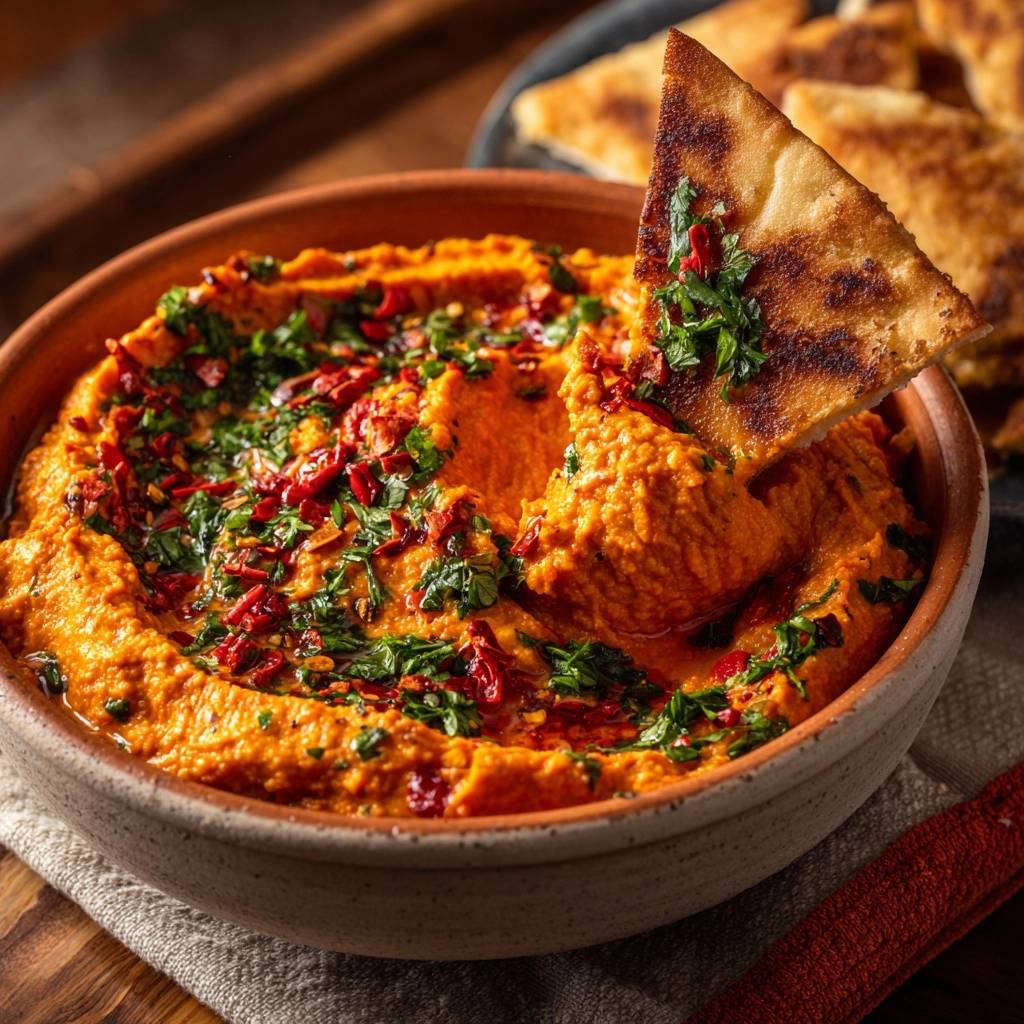 Muhammara – feuriger Paprikadip mit einem Stück Fladenbrot, das in den Dip getaucht wird und mit Kräutern garniert ist.