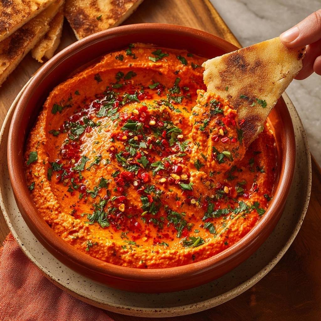 Muhammara, ein feuriger Paprikadip, wird mit einem Stück Fladenbrot aus der Schüssel getunkt, garniert mit Petersilie und Chiliflocken.