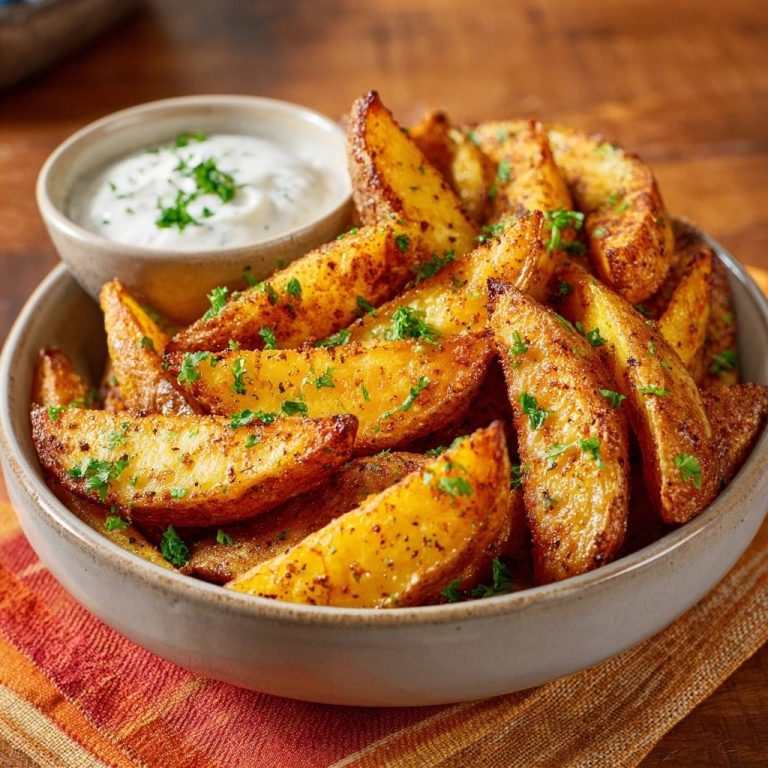 Knusprige Ofen-Kartoffelwedges mit Kräuter-Dip, garniert mit gehackter Petersilie und serviert in einer Schüssel.