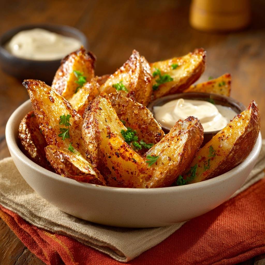 Knusprige Ofen-Kartoffelwedges mit Kräuter-Dip, garniert mit frischer Petersilie und serviert mit Dip.