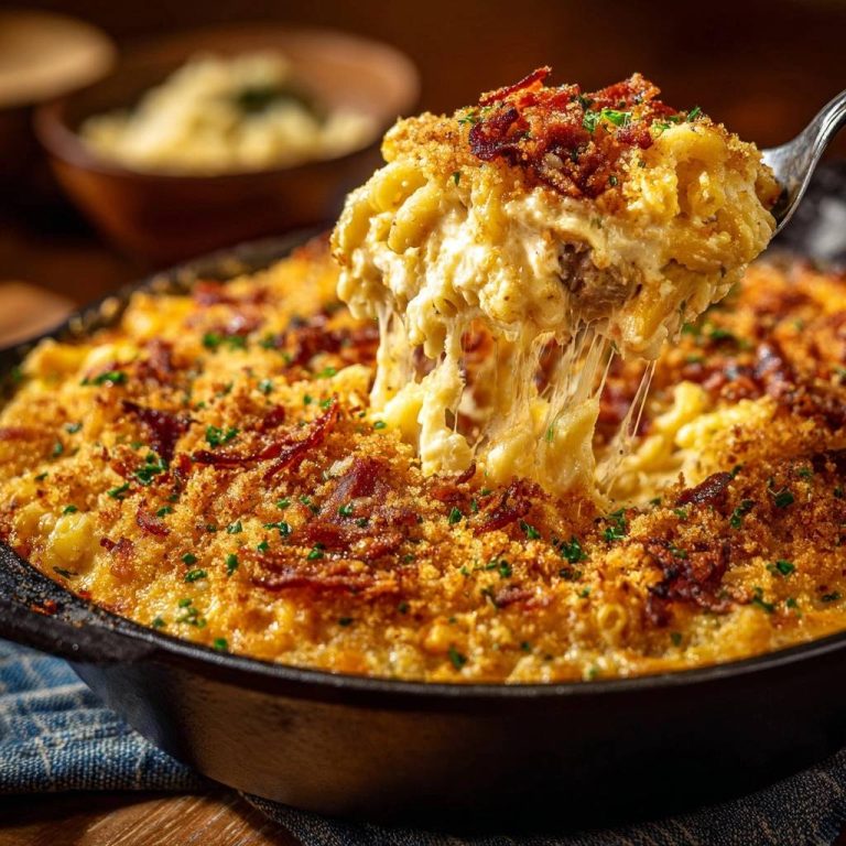 Cremiges Ofen-Mac and Cheese mit Speckkruste, eine Gabel mit geschmolzenem Käse, der Fäden zieht, aus der Auflaufform.