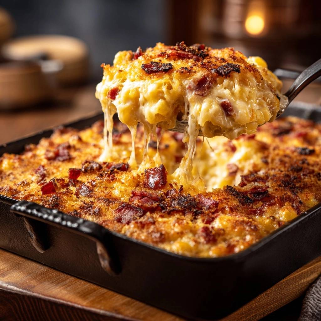 Cremiges Ofen-Mac and Cheese mit Speckkruste, eine Portion mit langem, schmelzendem Käse wird aus der Auflaufform gehoben.