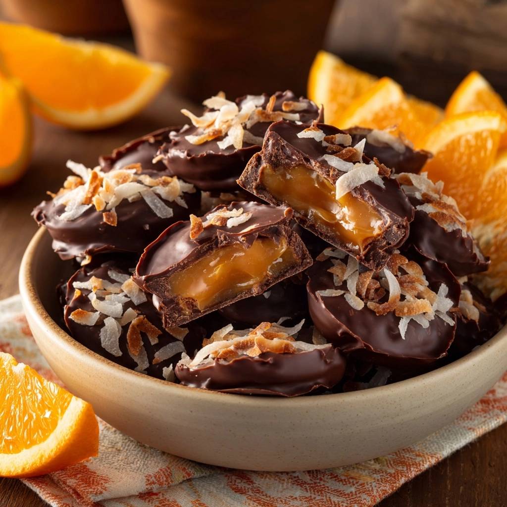 Orangen-Caramel-Kokos-Pralinen angeschnitten, die das flüssige Karamell und die Schokolade zeigen, garniert mit Kokosraspeln.