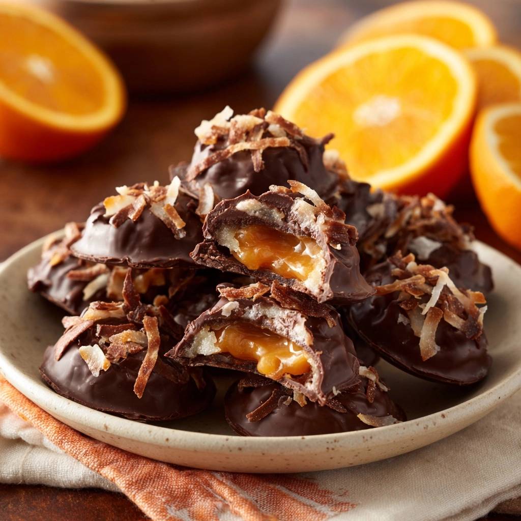 Orangen-Caramel-Kokos-Pralinen angeschnitten, die das goldbraune Karamell und den Kokos umhüllt von dunkler Schokolade zeigen.