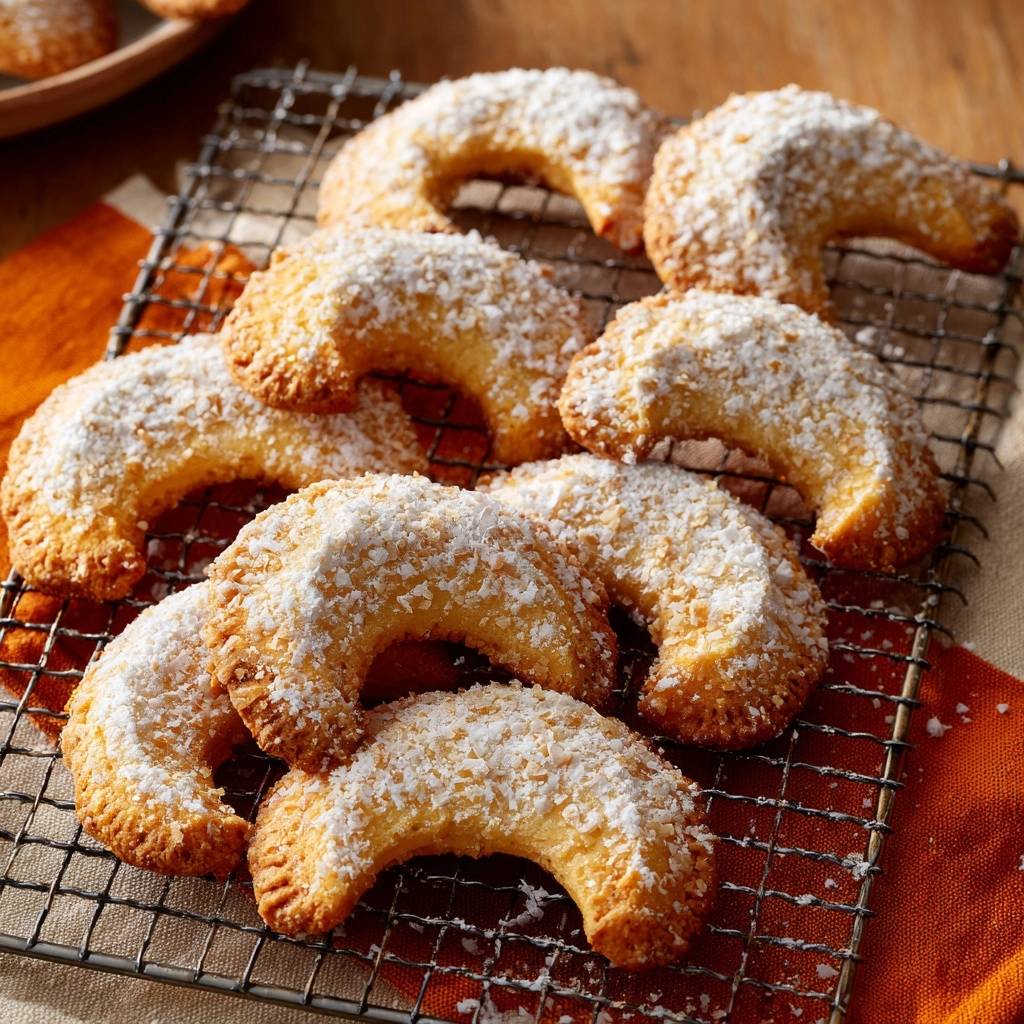 Orangen-Mandelkipferl frisch gebacken und mit Puderzucker bestreut auf einem Kuchengitter arrangiert