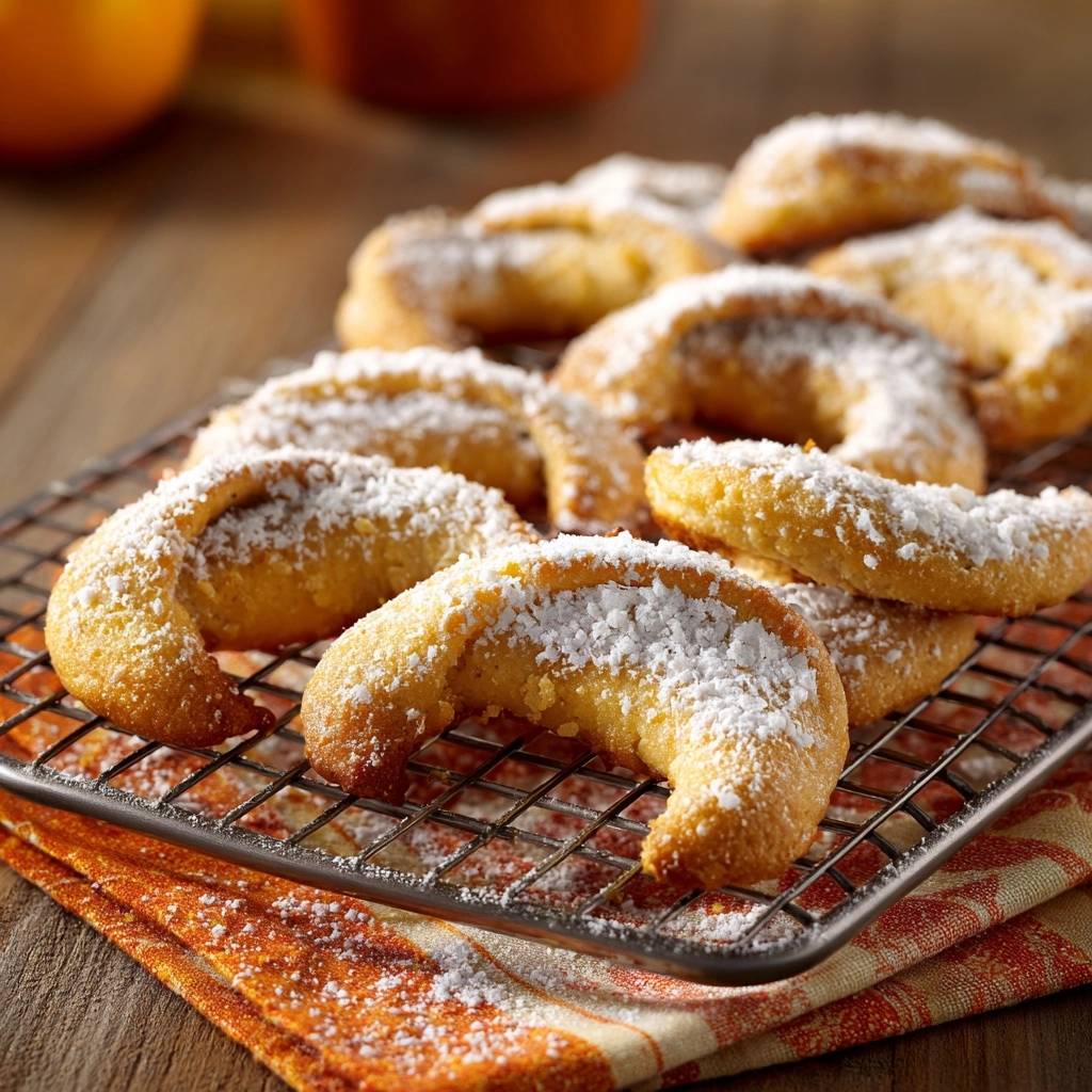 Orangen-Mandelkipferl frisch gebacken und mit Puderzucker bestäubt auf einem Kuchengitter abgekühlt