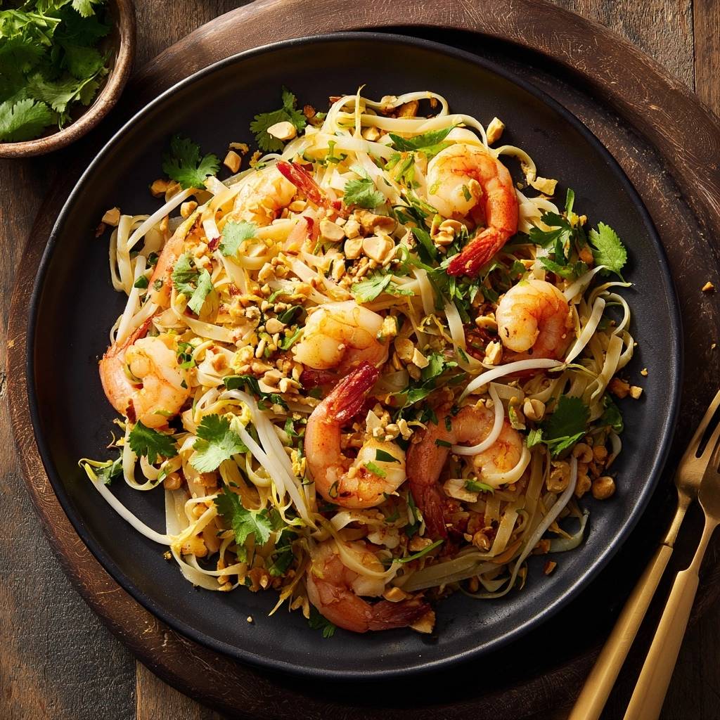Pad Thai mit Garnelen, serviert auf einem schwarzen Teller mit Koriander und Erdnüssen, von oben gesehen.