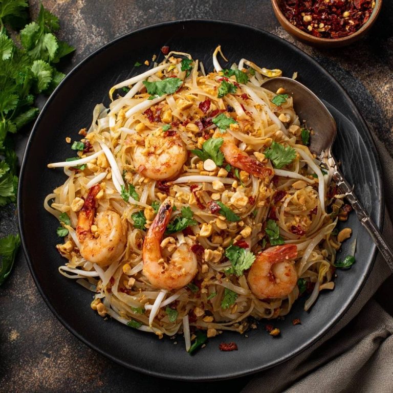 Pad Thai mit Garnelen, serviert auf einem schwarzen Teller mit gerösteten Erdnüssen und Chili-Flocken von oben fotografiert.