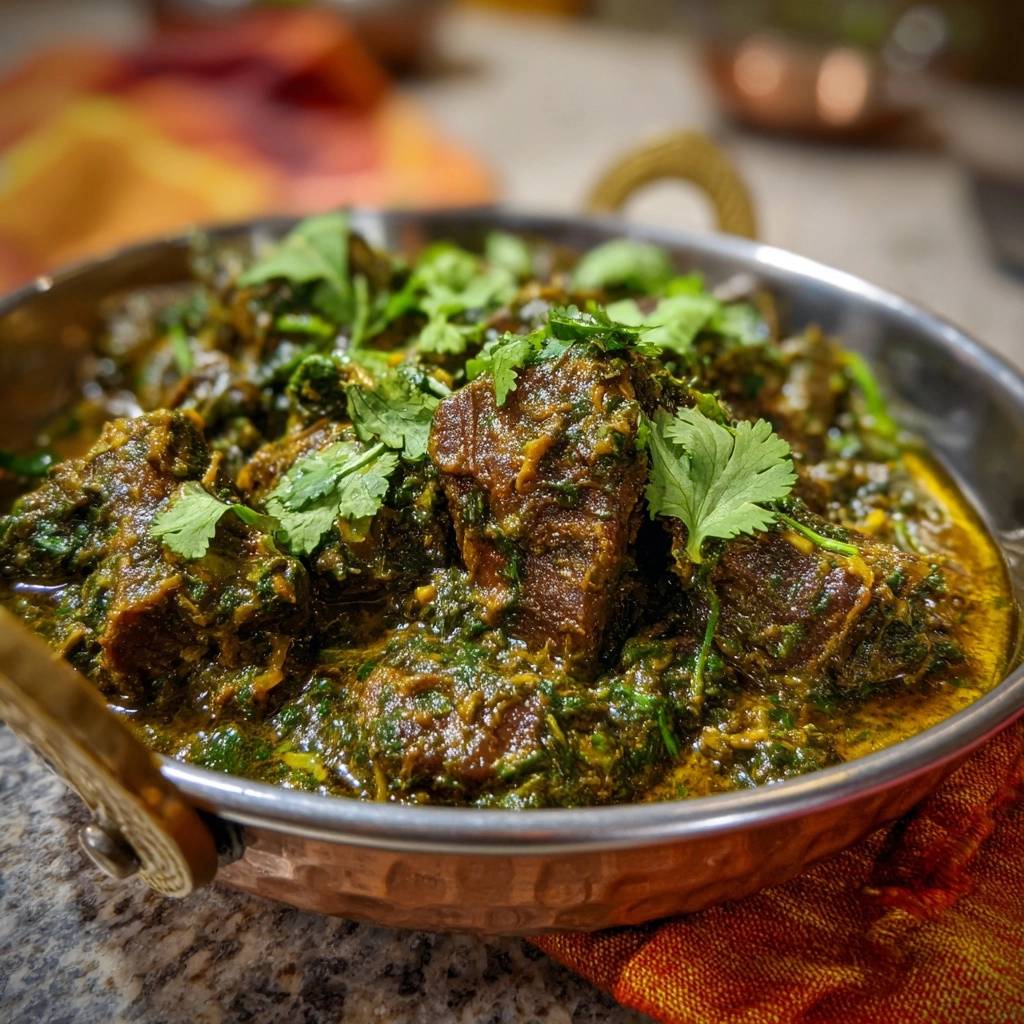 Palak Gosht – Lamm-Spinat-Curry butterzart, im Kupfertopf serviert und mit frischem Koriander garniert.
