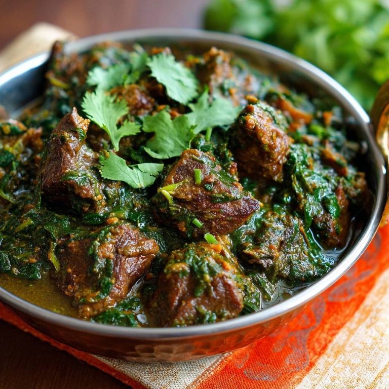 Palak Gosht – Lamm-Spinat-Curry: Nahaufnahme von zarten Lammstücken in einer würzigen Spinatsauce, garniert mit Koriander.