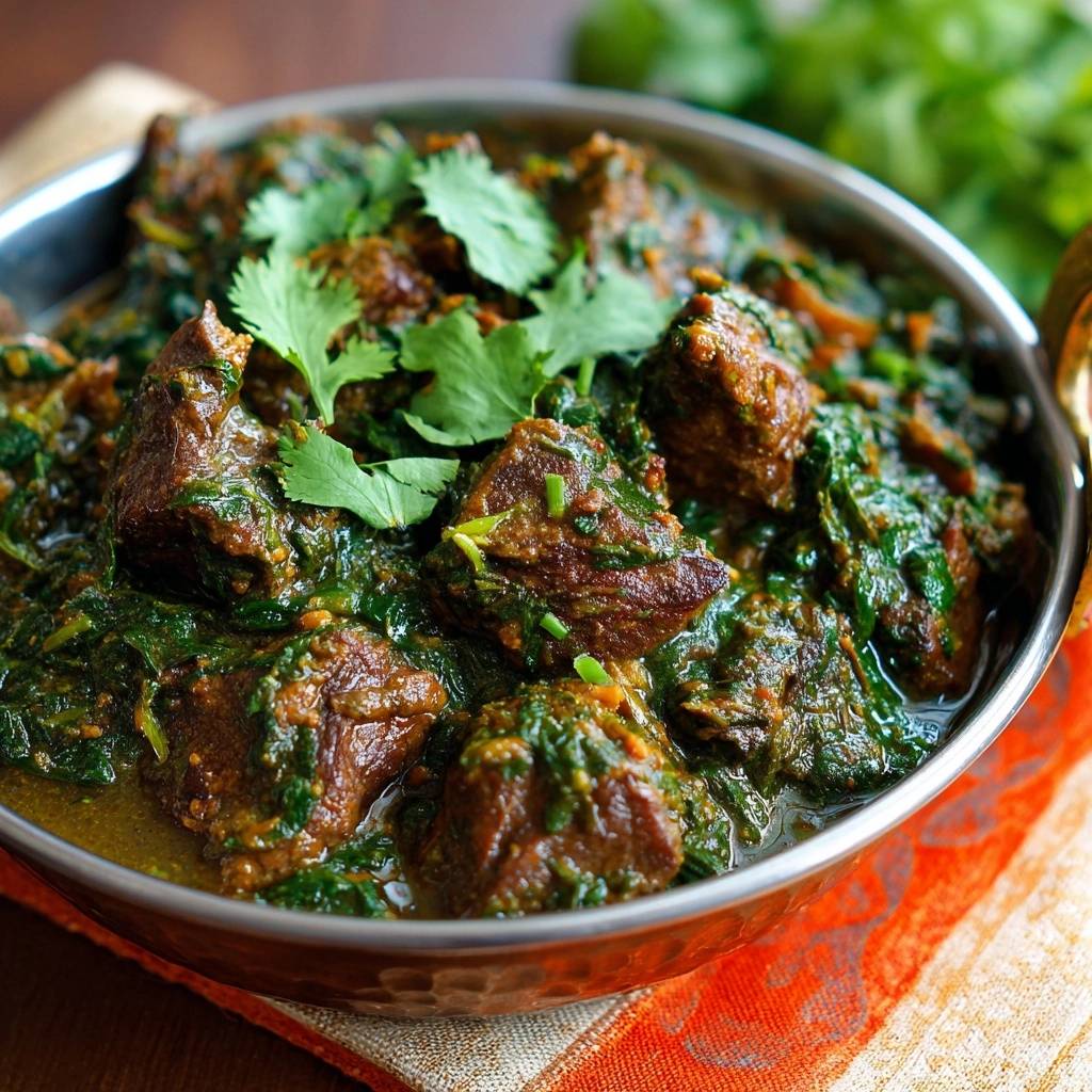 Palak Gosht – Lamm-Spinat-Curry: Nahaufnahme von zarten Lammstücken in einer würzigen Spinatsauce, garniert mit Koriander.