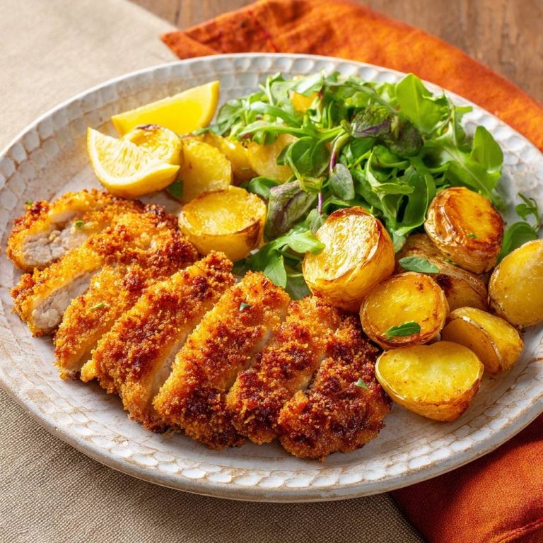 Knuspriges paniertes Hähnchen mit Babykartoffeln und Rucola, angeschnitten, das die saftige Innenseite zeigt.