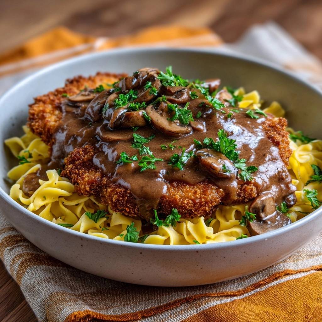 Paniertes Hähnchenschnitzel mit Pilz-Rahm-Soße und Bandnudeln, serviert in einer Schüssel mit detaillierter Ansicht der Soße und des Schnitzels.