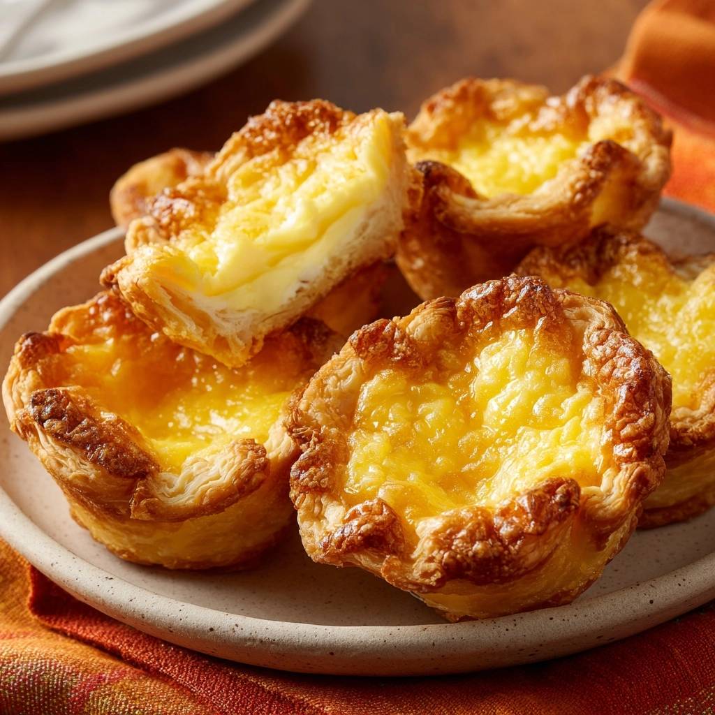 Pastéis de Nata angeschnitten, um die cremige Füllung und die luftigen Blätterteigschichten zu zeigen.