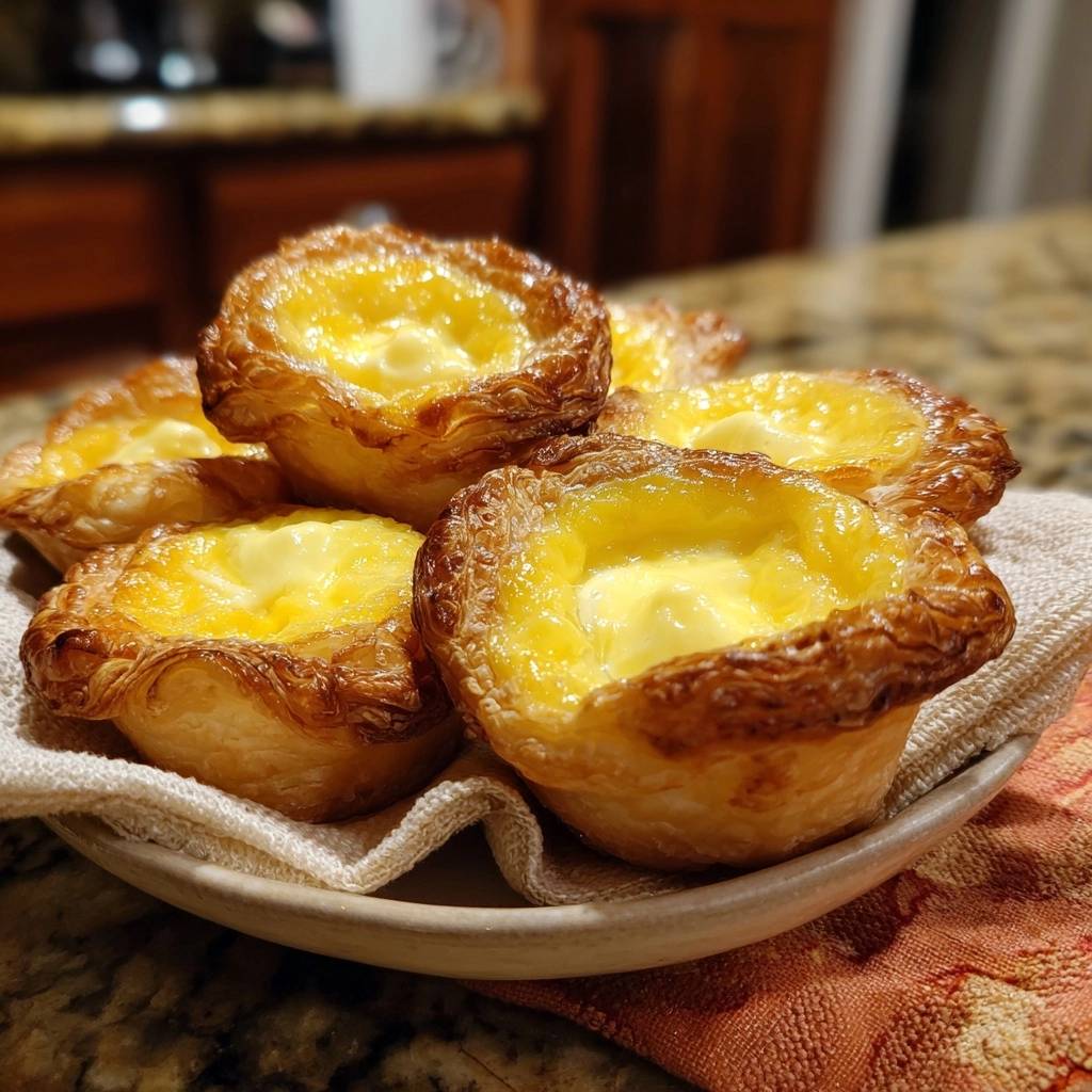 Pastéis de Nata als Nahaufnahme mit Blick auf die cremige Füllung und den goldbraunen Blätterteig.